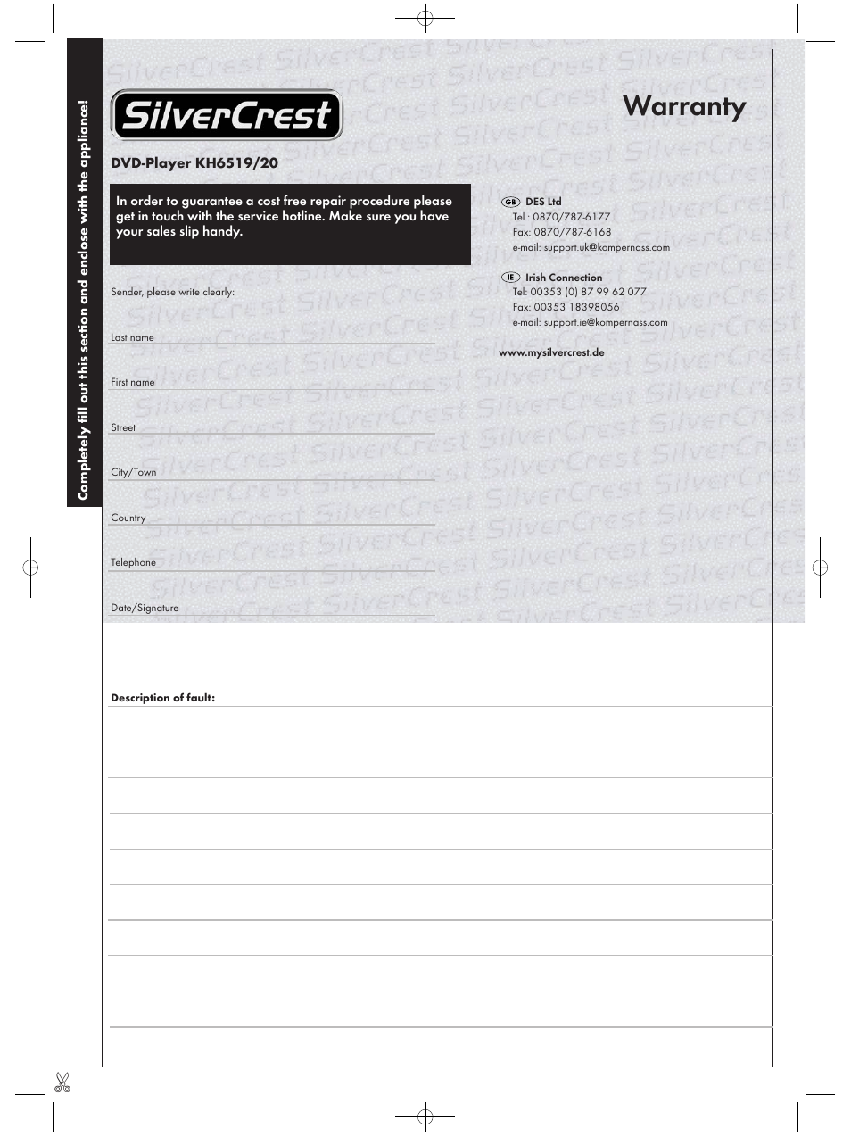 Warranty | Silvercrest KH6519 User Manual | Page 29 / 30