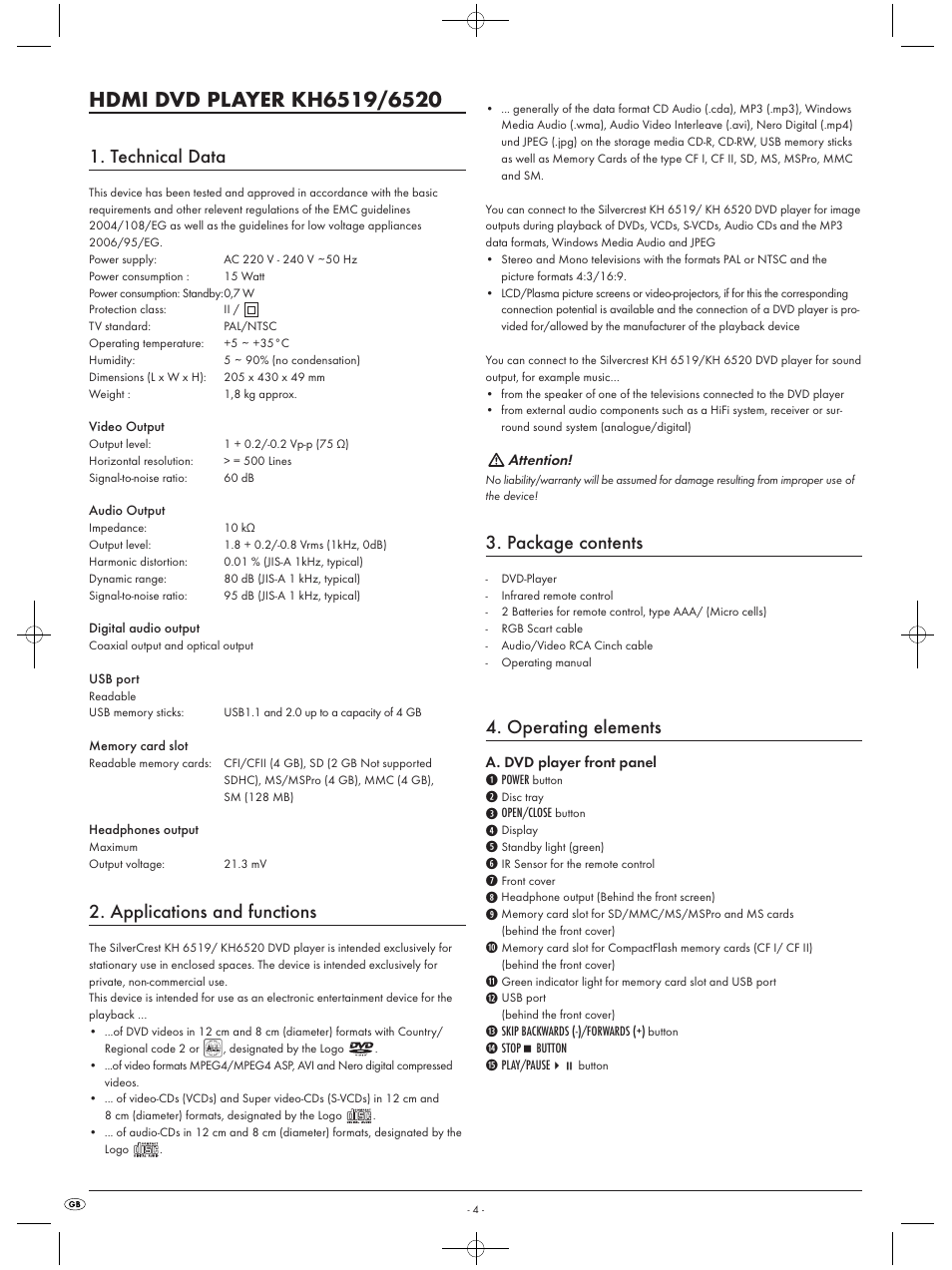 Technical data, Applications and functions, Package contents | Operating elements | Silvercrest KH6519 User Manual | Page 4 / 30