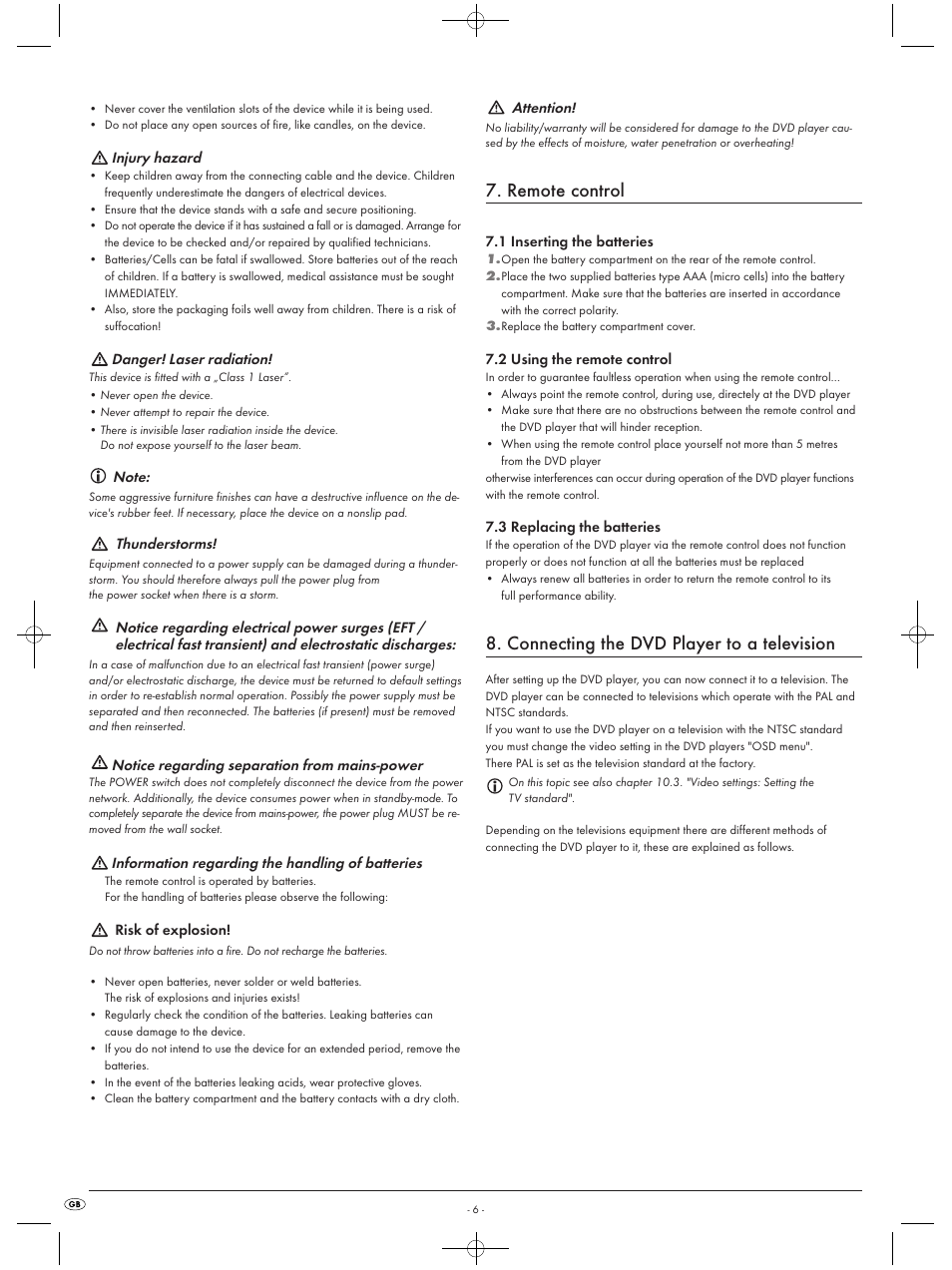 Remote control, Connecting the dvd player to a television | Silvercrest KH6519 User Manual | Page 6 / 30