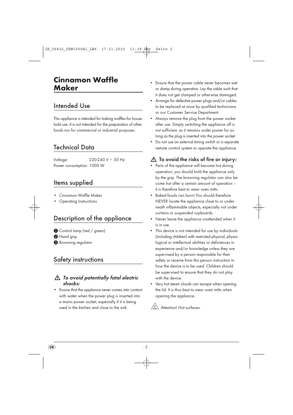 Cinnamon waffle maker, Intended use, Technical data | Items supplied, Description of the appliance, Safety instructions | Silvercrest SZW 1000 A1 User Manual | Page 4 / 8