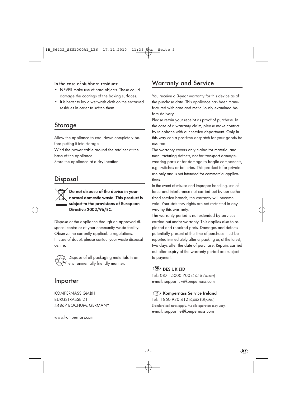 Storage, Disposal, Importer | Warranty and service | Silvercrest SZW 1000 A1 User Manual | Page 7 / 8