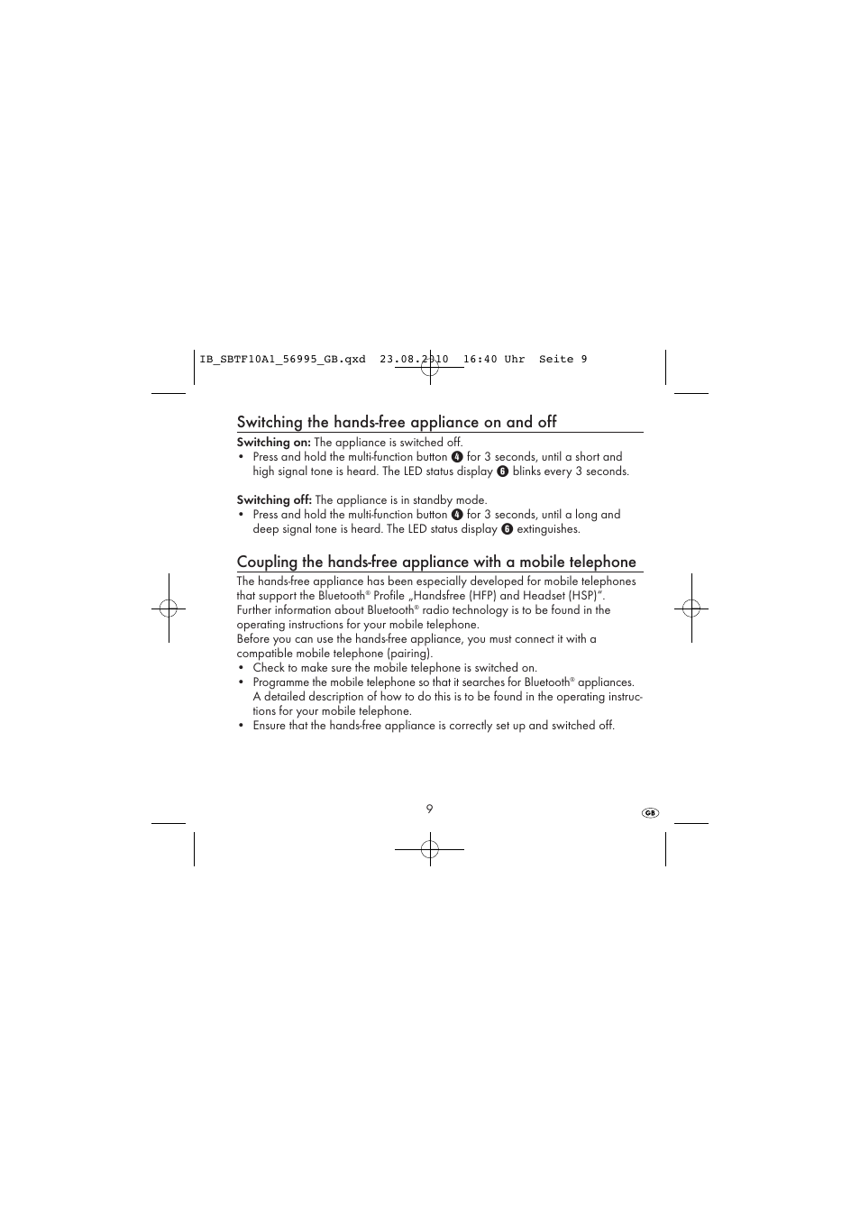 Switching the hands-free appliance on and off | Silvercrest SBTF 10 A1 User Manual | Page 11 / 20