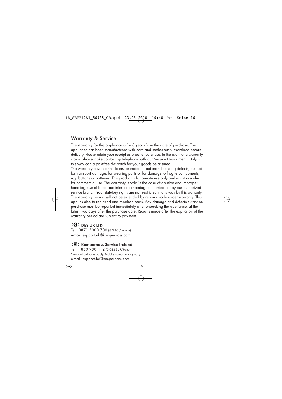 Warranty & service | Silvercrest SBTF 10 A1 User Manual | Page 18 / 20