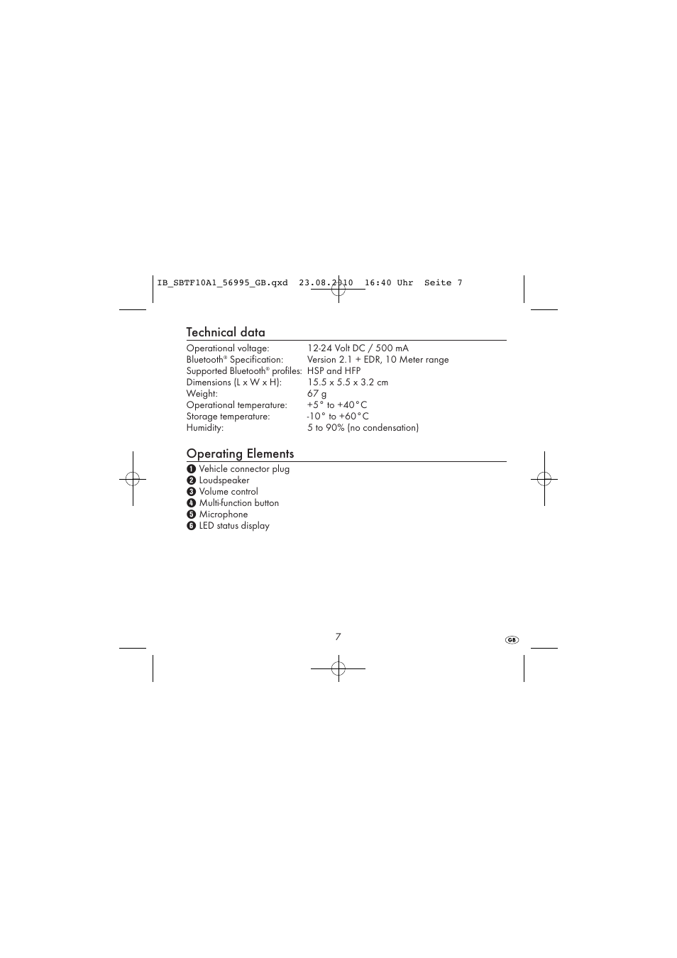 Technical data, Operating elements | Silvercrest SBTF 10 A1 User Manual | Page 9 / 20