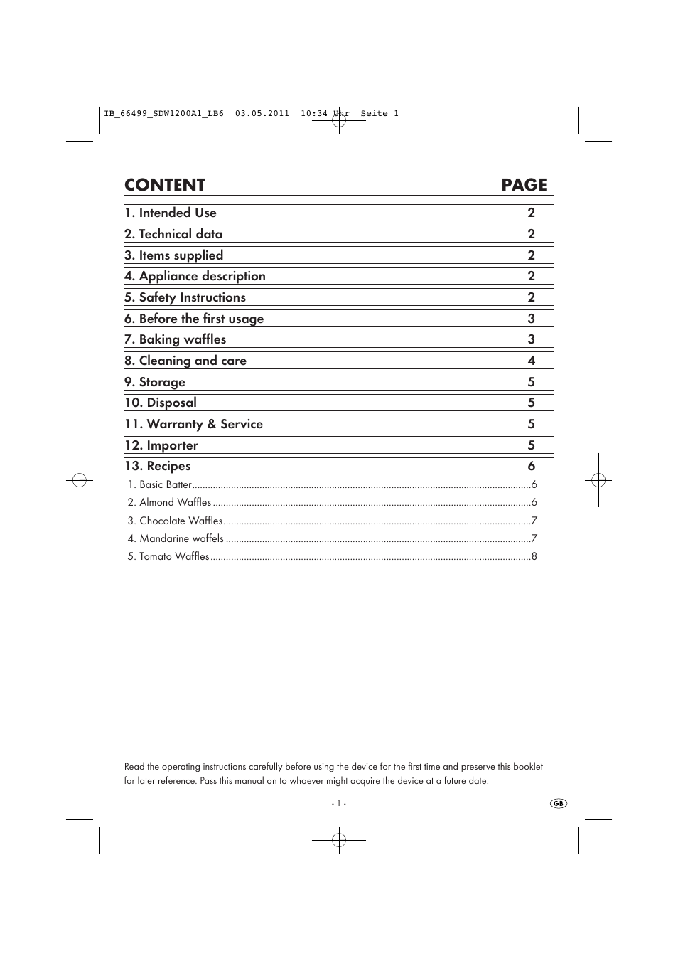 Content page | Silvercrest SDW 1200 A1 User Manual | Page 3 / 10