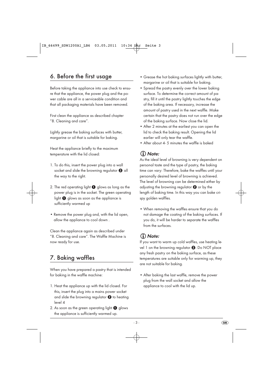 Before the first usage, Baking waffles | Silvercrest SDW 1200 A1 User Manual | Page 5 / 10