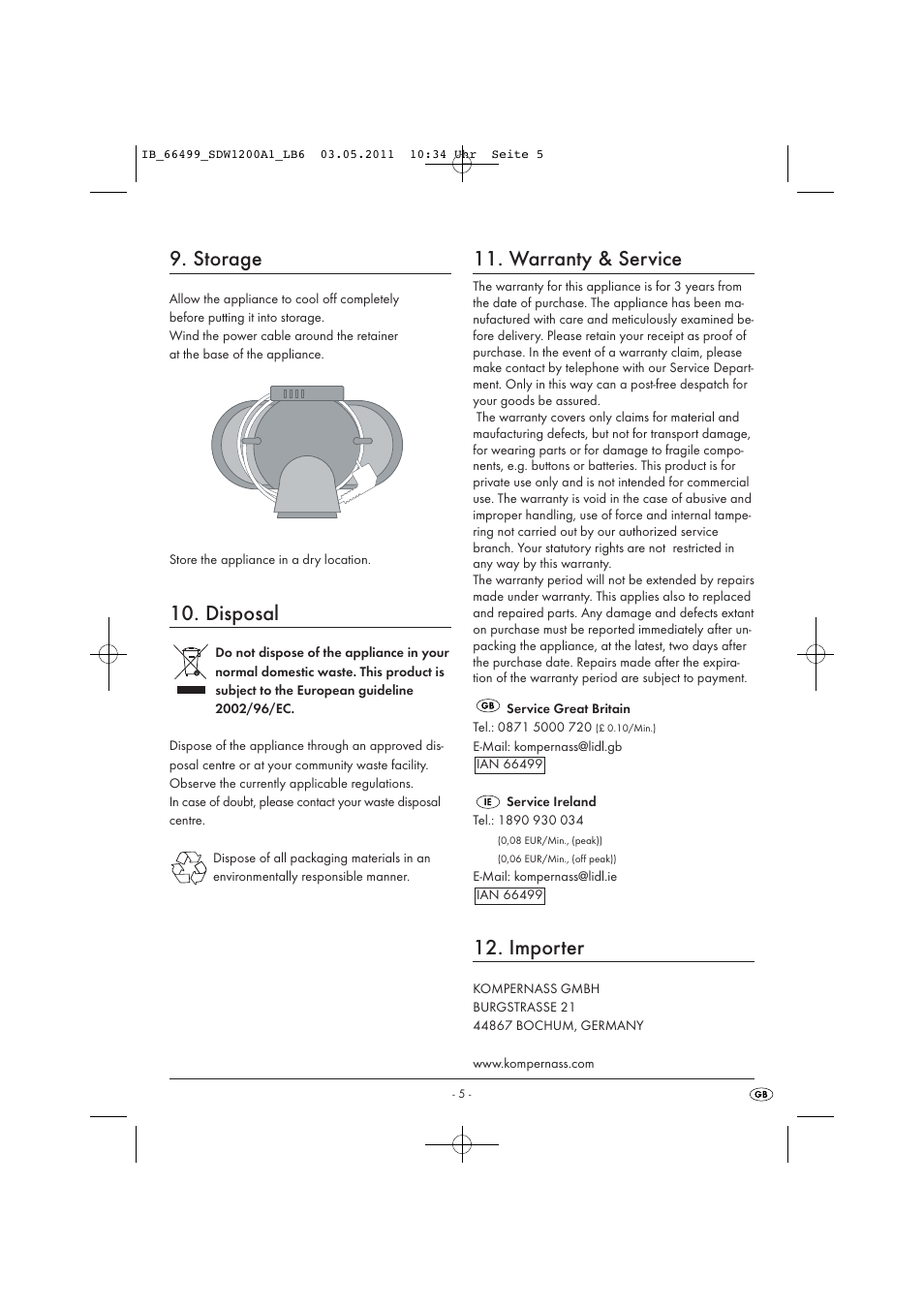 Storage, Disposal, Warranty & service | Importer | Silvercrest SDW 1200 A1 User Manual | Page 7 / 10