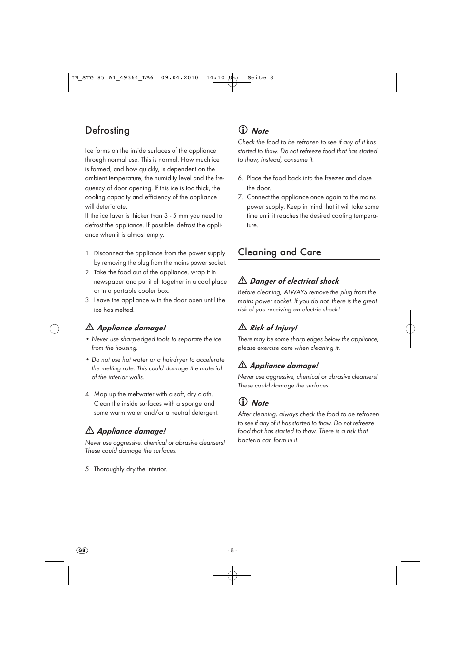 Defrosting, Cleaning and care | Silvercrest STG 85 A1 User Manual | Page 10 / 16
