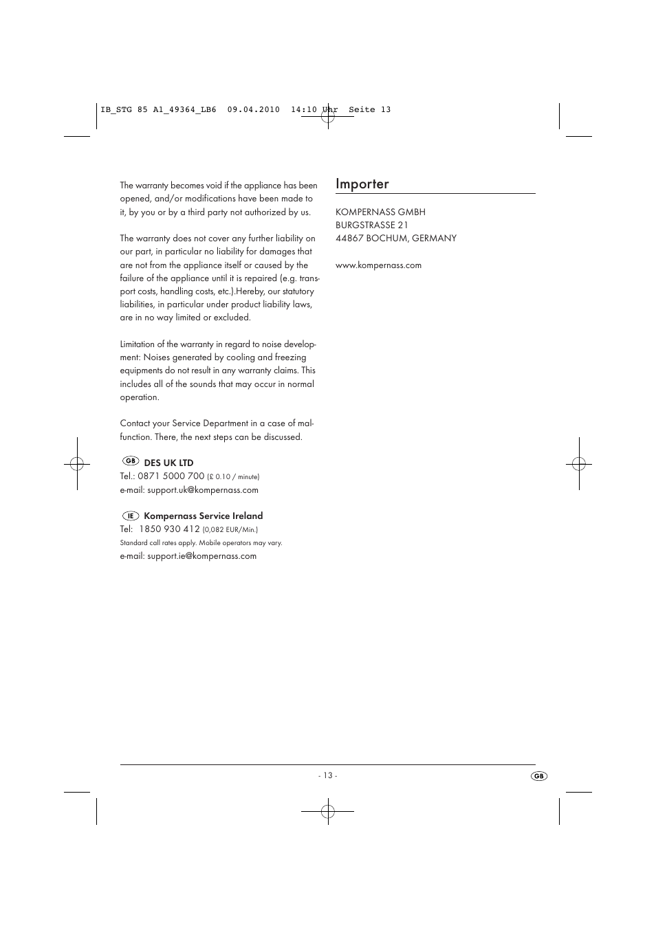 Importer | Silvercrest STG 85 A1 User Manual | Page 15 / 16