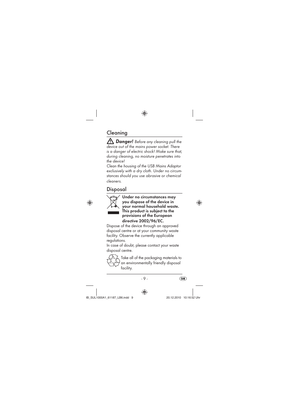 Cleaning, Disposal, Danger | Silvercrest SUL 1000 A1 User Manual | Page 11 / 14