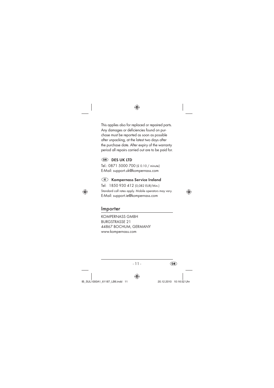 Importer | Silvercrest SUL 1000 A1 User Manual | Page 13 / 14