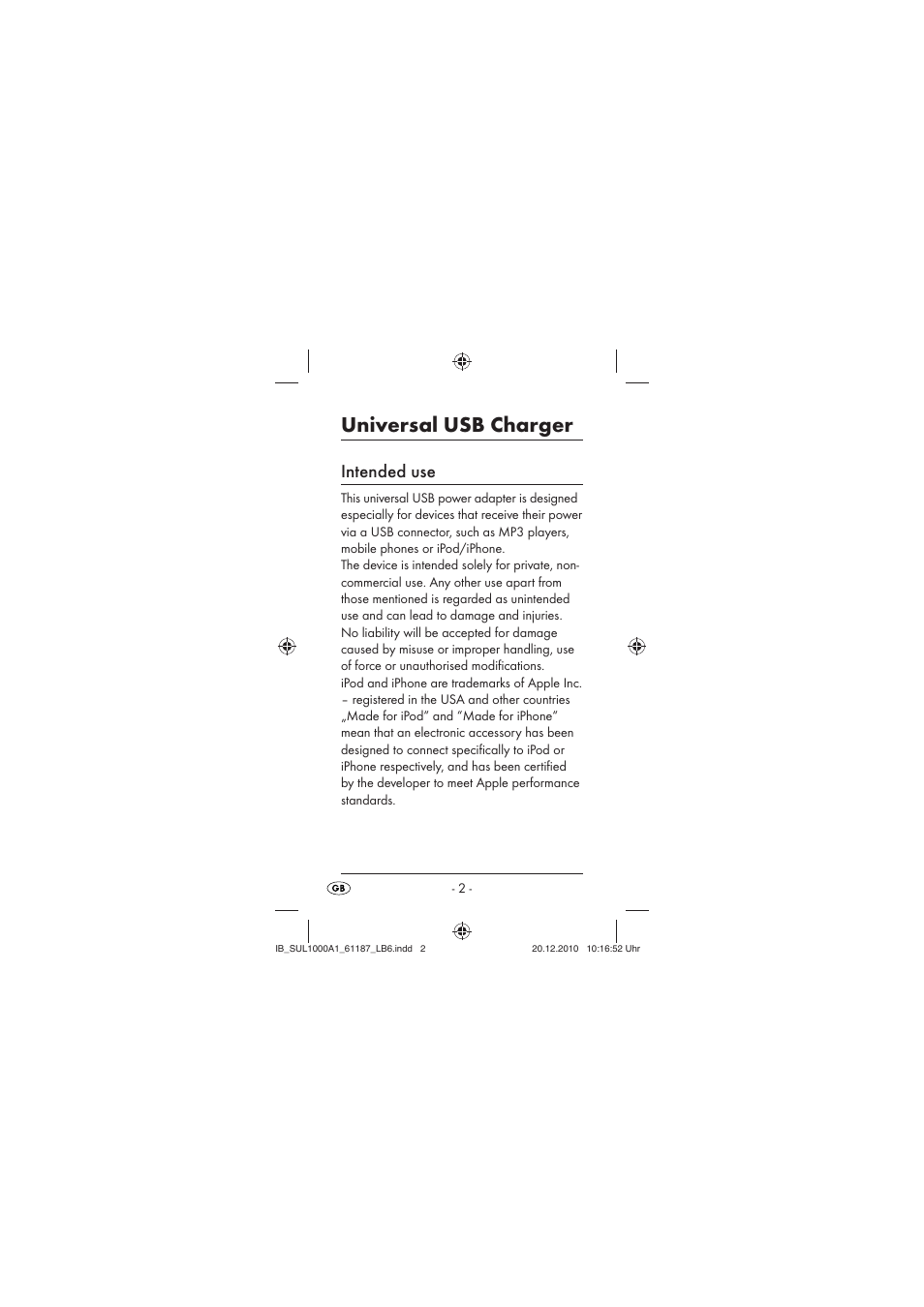 Universal usb charger, Intended use | Silvercrest SUL 1000 A1 User Manual | Page 4 / 14