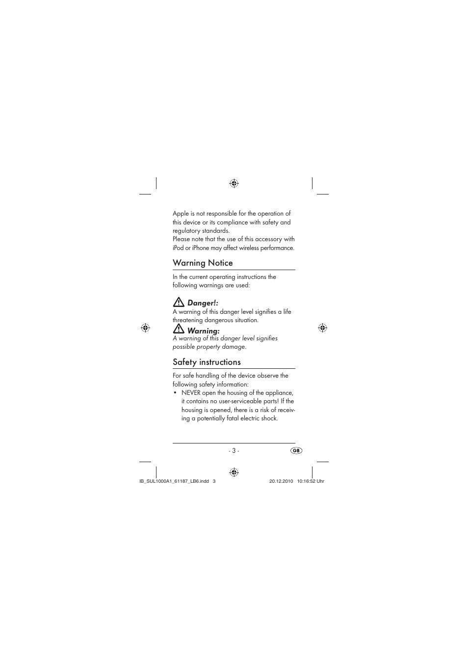 Warning notice, Safety instructions | Silvercrest SUL 1000 A1 User Manual | Page 5 / 14