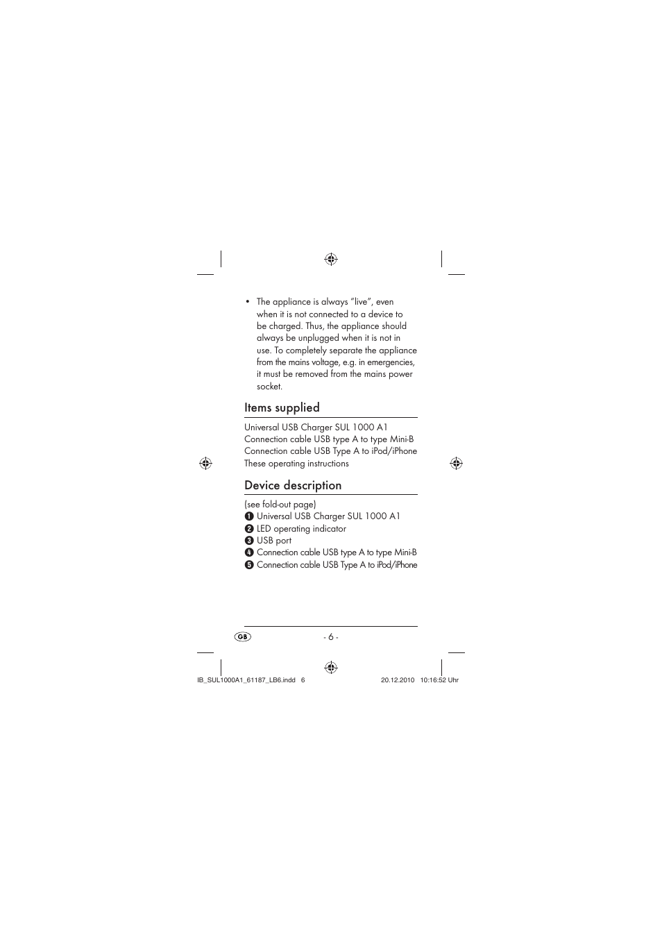 Items supplied, Device description | Silvercrest SUL 1000 A1 User Manual | Page 8 / 14