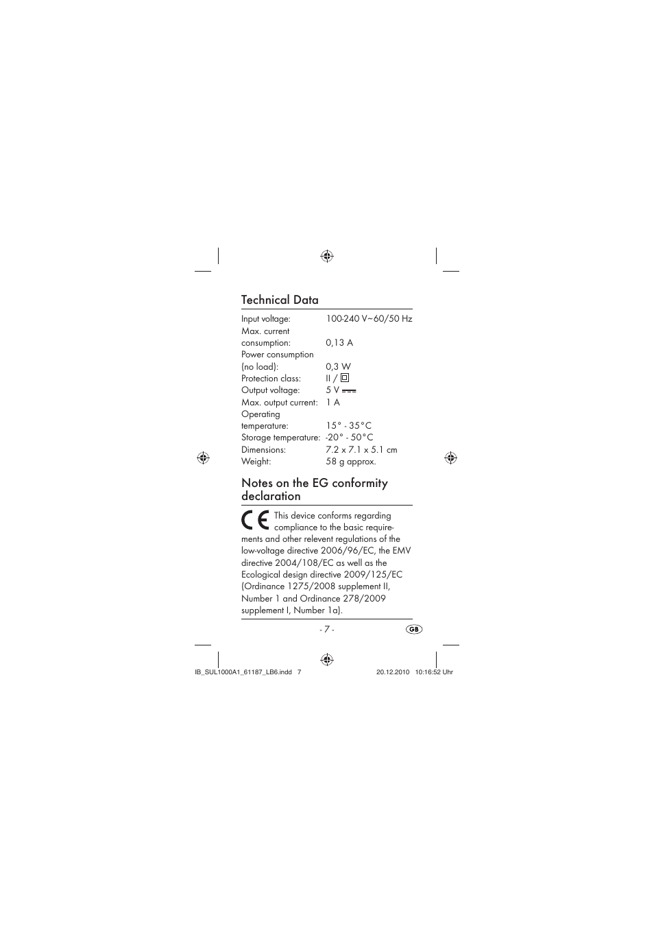 Technical data | Silvercrest SUL 1000 A1 User Manual | Page 9 / 14