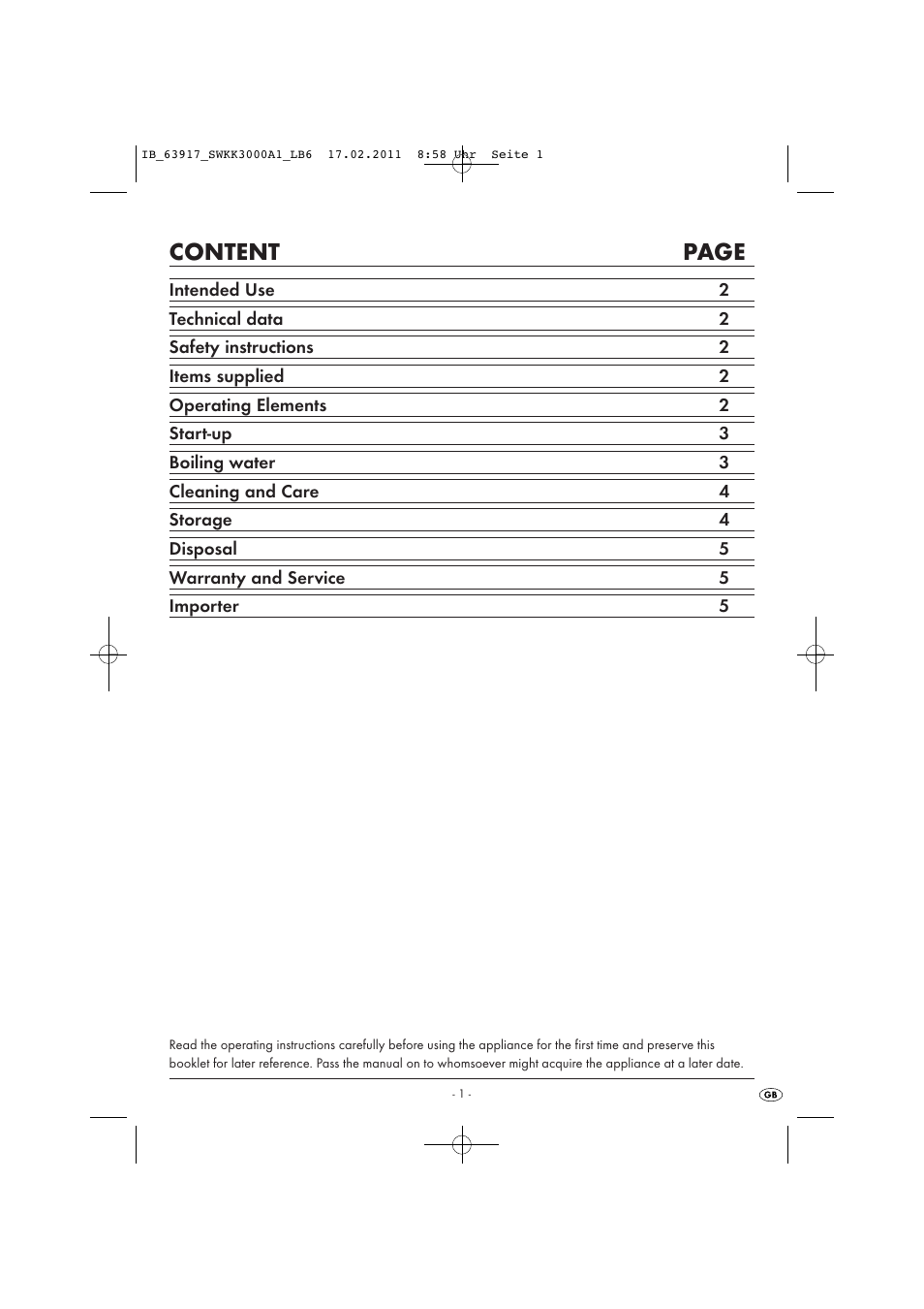 Content page | Silvercrest SWKK 3000 A1 User Manual | Page 3 / 8