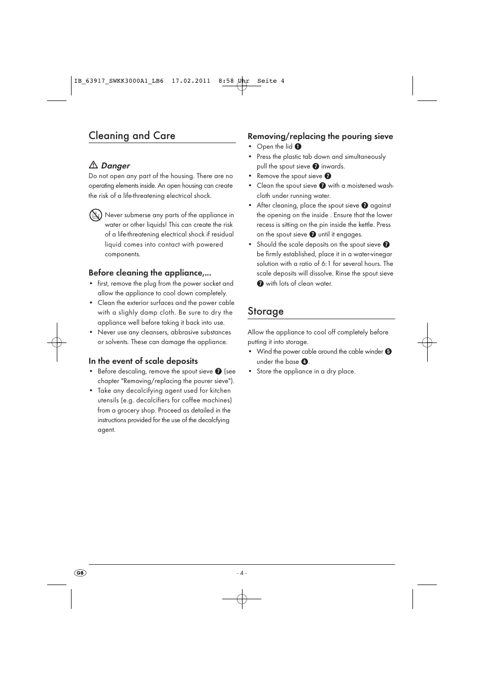 Cleaning and care, Storage | Silvercrest SWKK 3000 A1 User Manual | Page 6 / 8