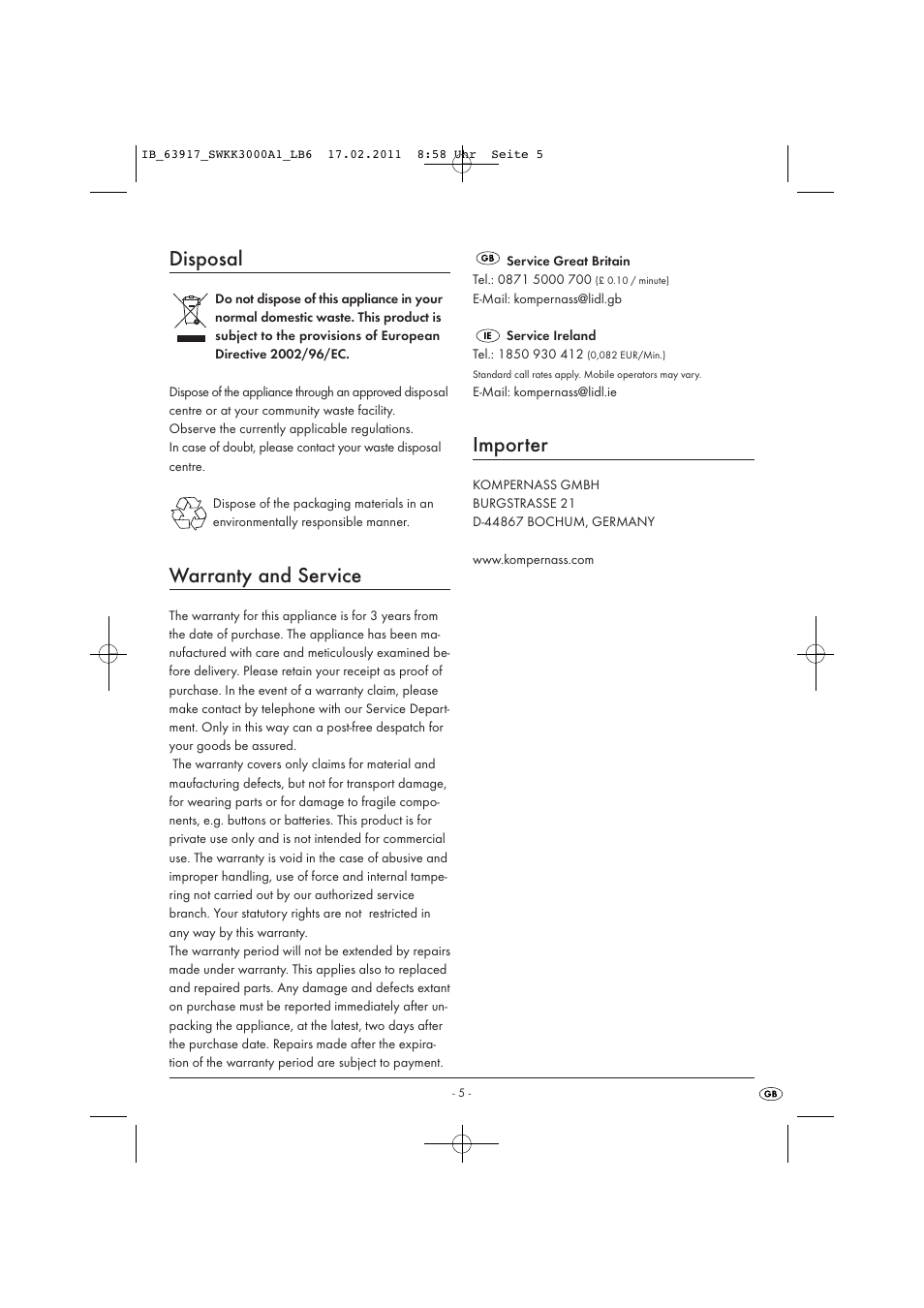 Disposal, Warranty and service, Importer | Silvercrest SWKK 3000 A1 User Manual | Page 7 / 8