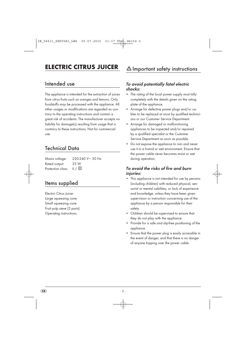 Electric citrus juicer, Intended use, Technical data | Items supplied, Important safety instructions | Silvercrest SZP25A1-07 User Manual | Page 4 / 8