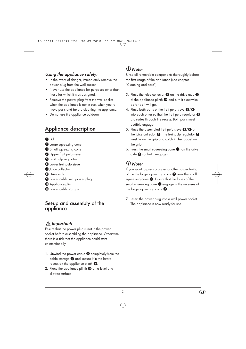 Appliance description, Set-up and assembly of the appliance | Silvercrest SZP25A1-07 User Manual | Page 5 / 8