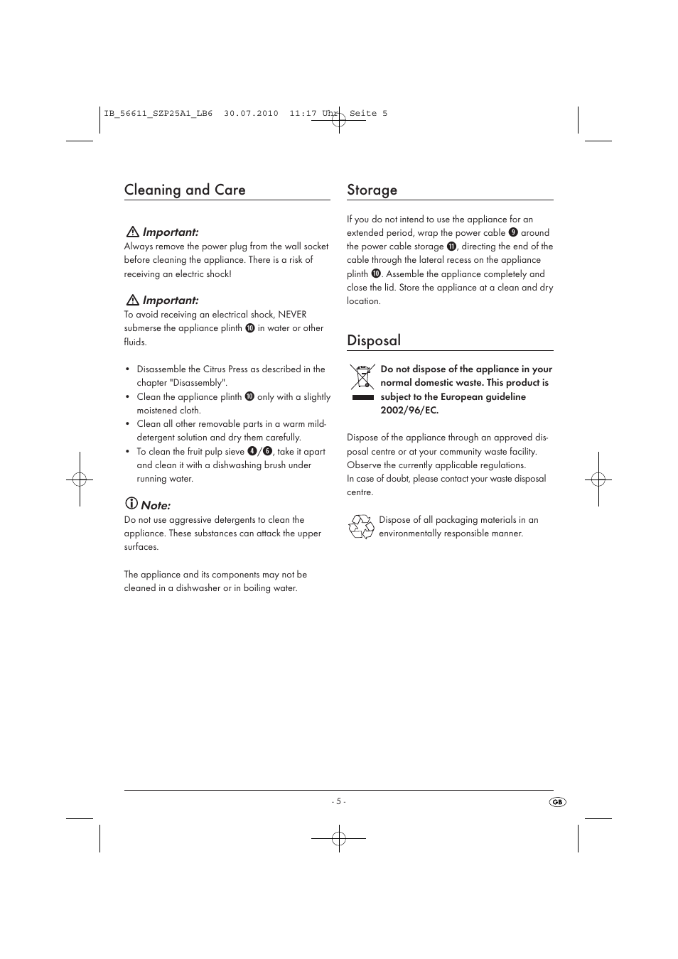 Cleaning and care, Storage, Disposal | Silvercrest SZP25A1-07 User Manual | Page 7 / 8