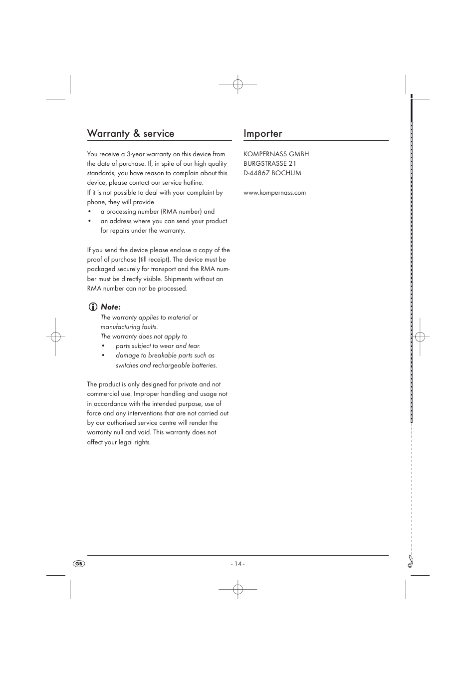 Warranty & service, Importer | Silvercrest KH 2029 User Manual | Page 16 / 34
