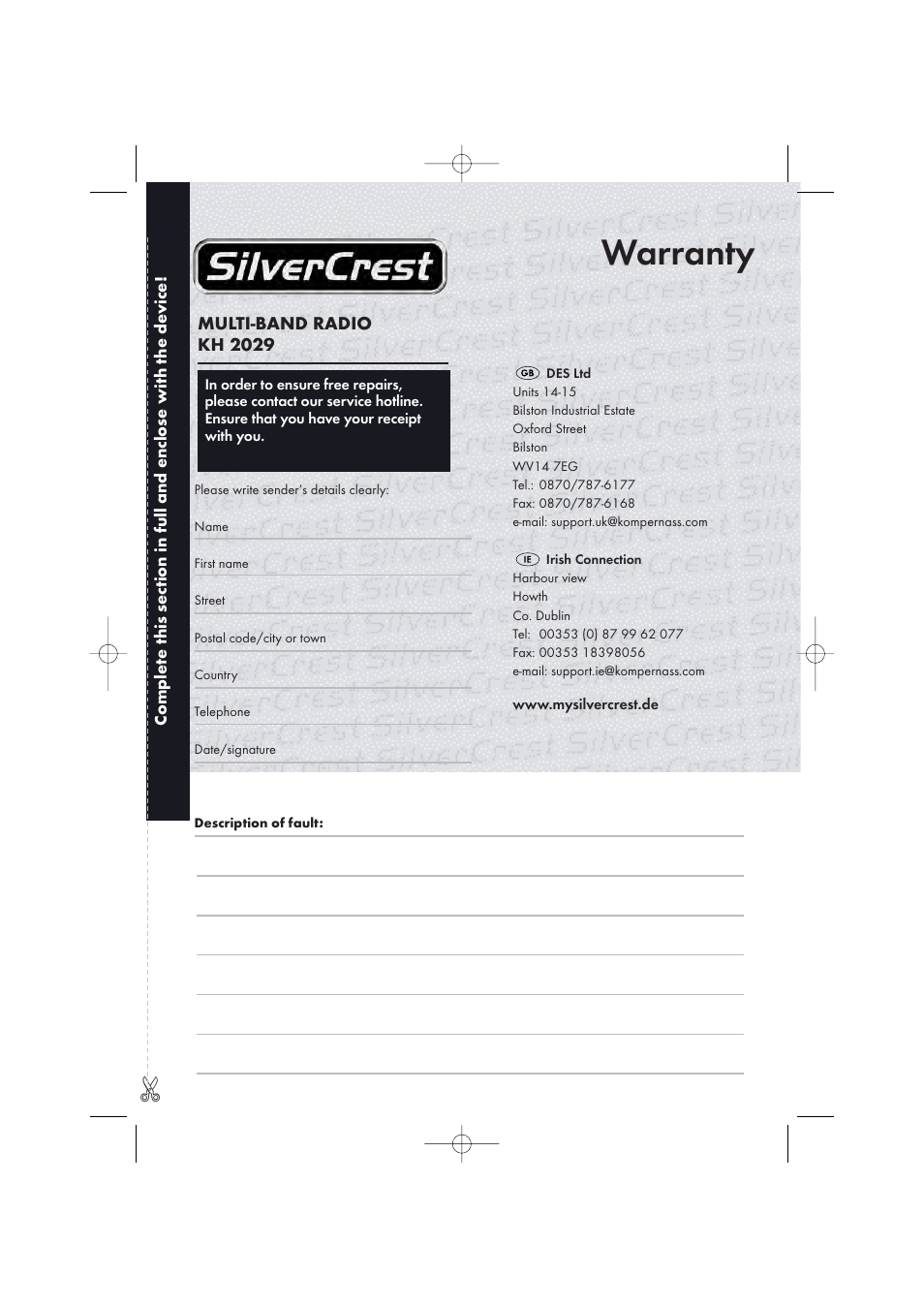 Warranty | Silvercrest KH 2029 User Manual | Page 17 / 34