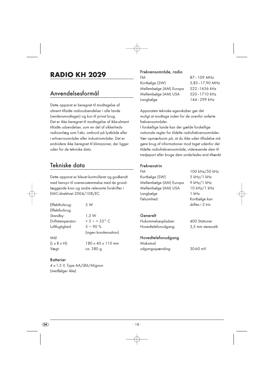 Radio kh 2029, Anvendelsesformål, Tekniske data | Silvercrest KH 2029 User Manual | Page 20 / 34