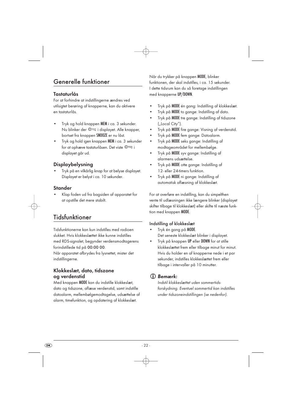 Generelle funktioner, Tidsfunktioner | Silvercrest KH 2029 User Manual | Page 24 / 34