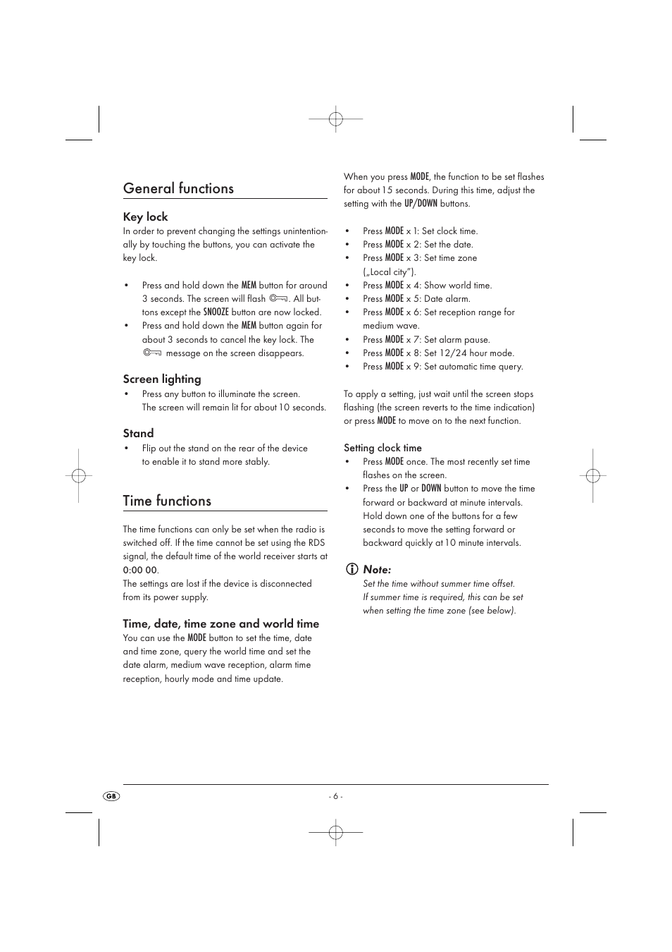 General functions, Time functions | Silvercrest KH 2029 User Manual | Page 8 / 34