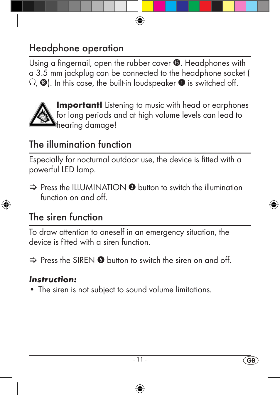 Headphone operation, The illumination function, The siren function | Silvercrest KH 245 User Manual | Page 13 / 34