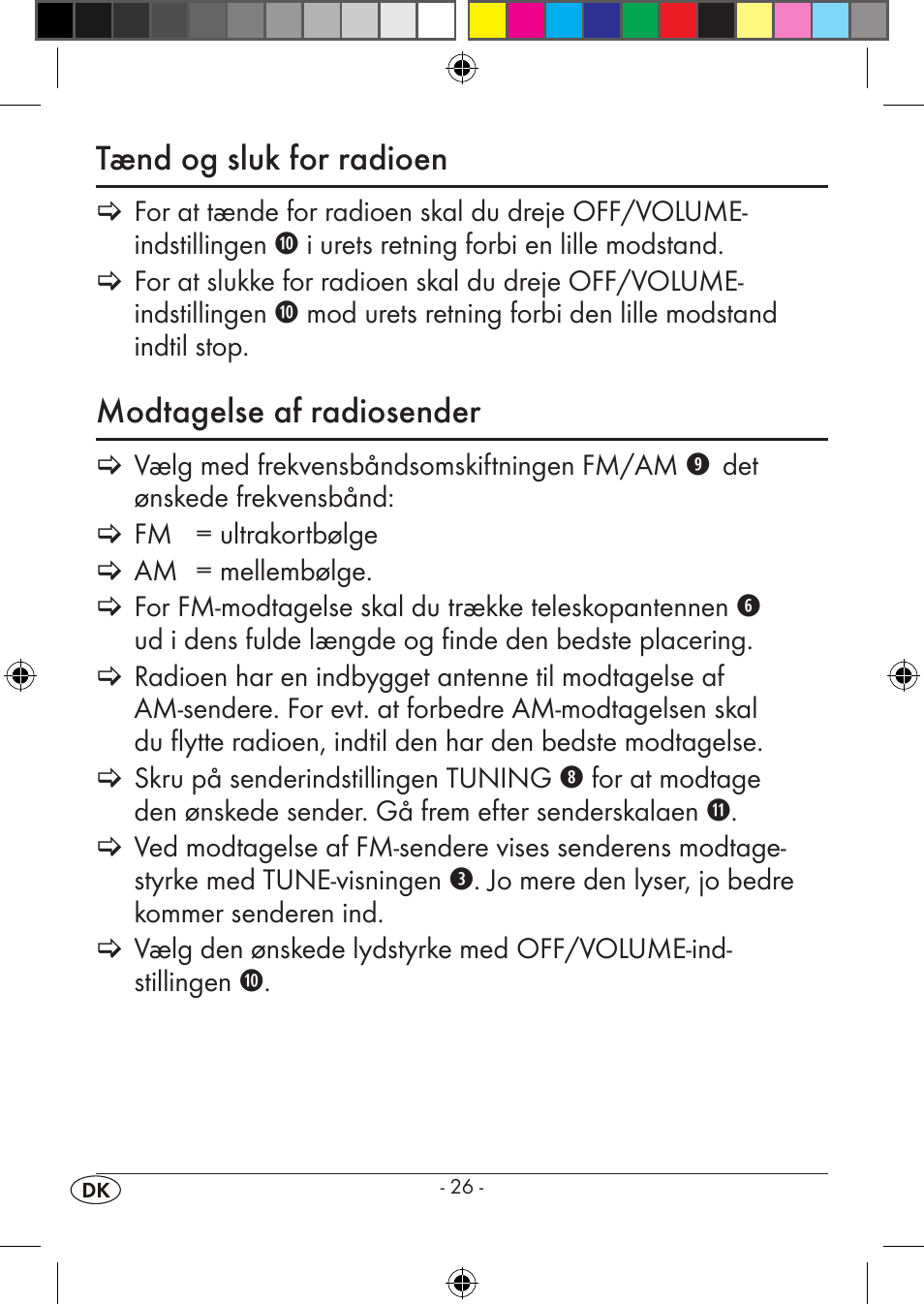 Tænd og sluk for radioen, Modtagelse af radiosender | Silvercrest KH 245 User Manual | Page 28 / 34