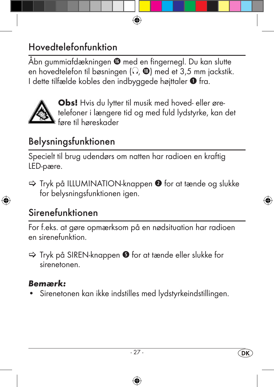 Hovedtelefonfunktion, Belysningsfunktionen, Sirenefunktionen | Silvercrest KH 245 User Manual | Page 29 / 34