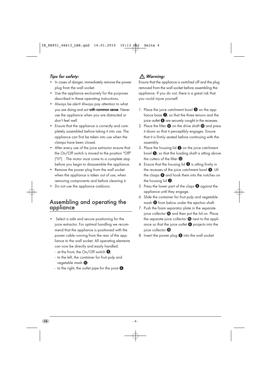 Assembling and operating the appliance | Silvercrest KH 451 User Manual | Page 6 / 10