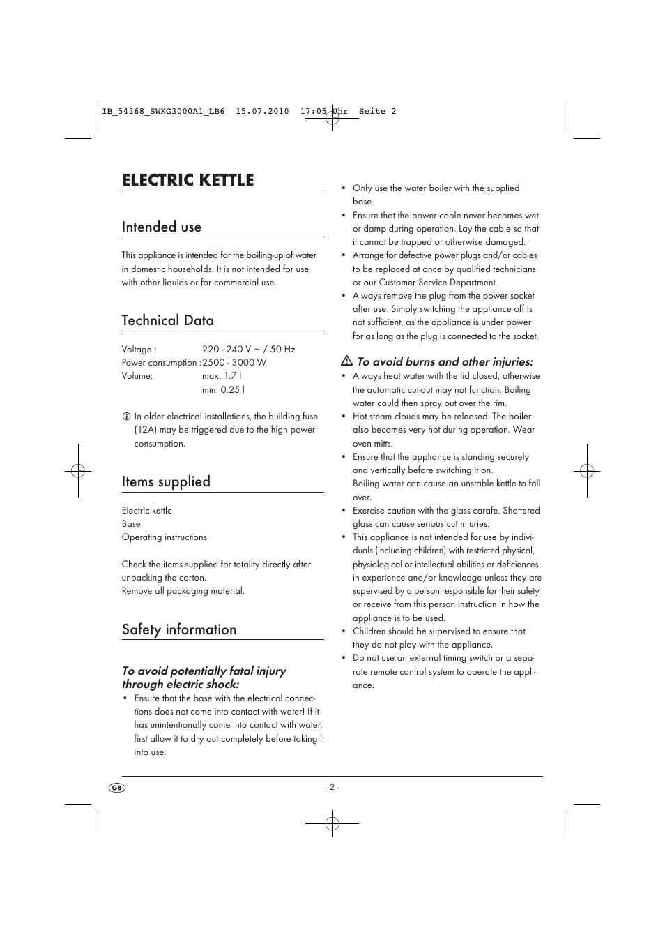 Electric kettle, Intended use, Technical data | Items supplied, Safety information | Silvercrest SWKG 3000 A1 User Manual | Page 4 / 8