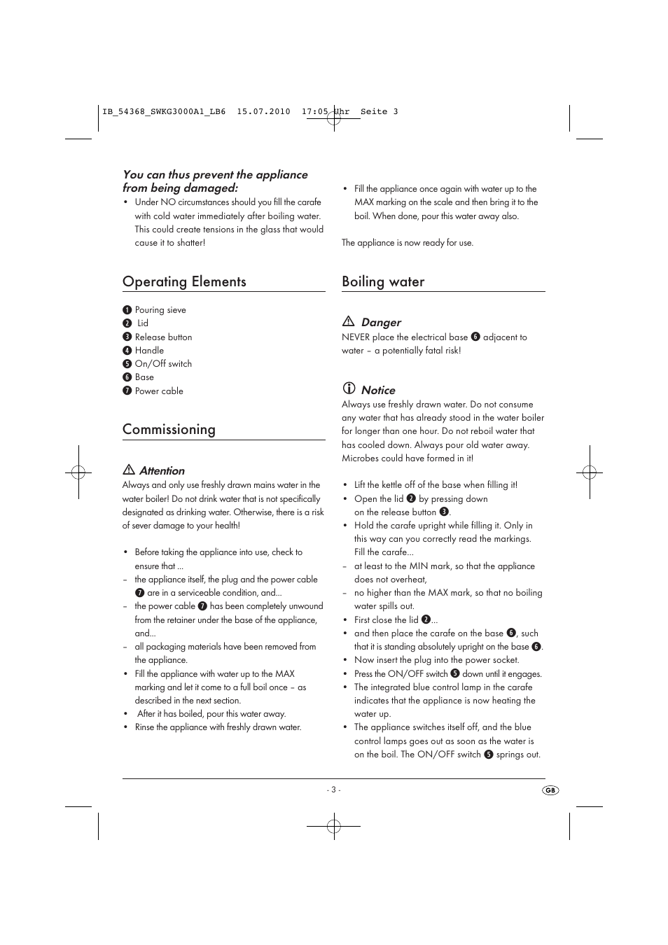 Operating elements, Commissioning, Boiling water | Silvercrest SWKG 3000 A1 User Manual | Page 5 / 8
