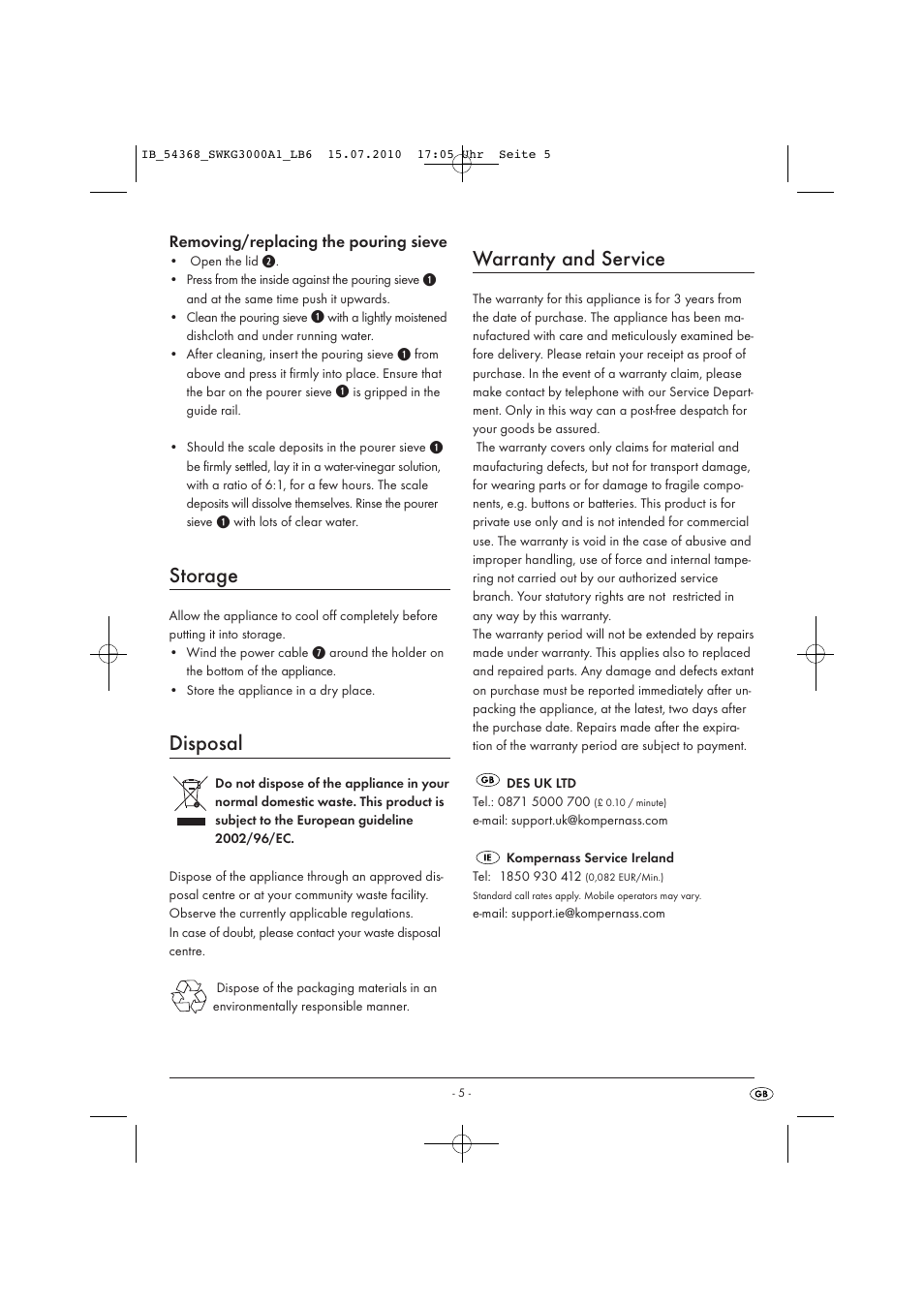 Storage, Disposal, Warranty and service | Silvercrest SWKG 3000 A1 User Manual | Page 7 / 8