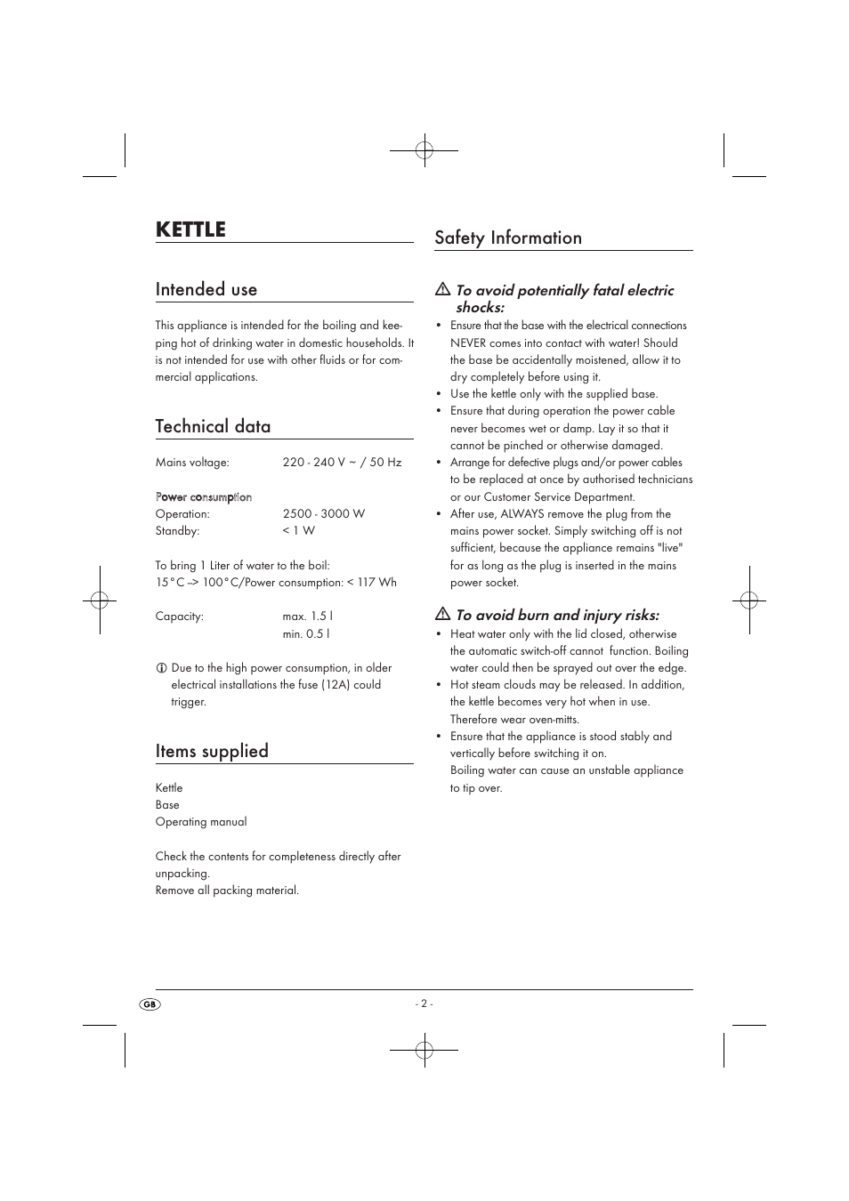 Kettle, Intended use, Technical data | Items supplied, Safety information | Silvercrest SWKD 3000 A16 User Manual | Page 4 / 10