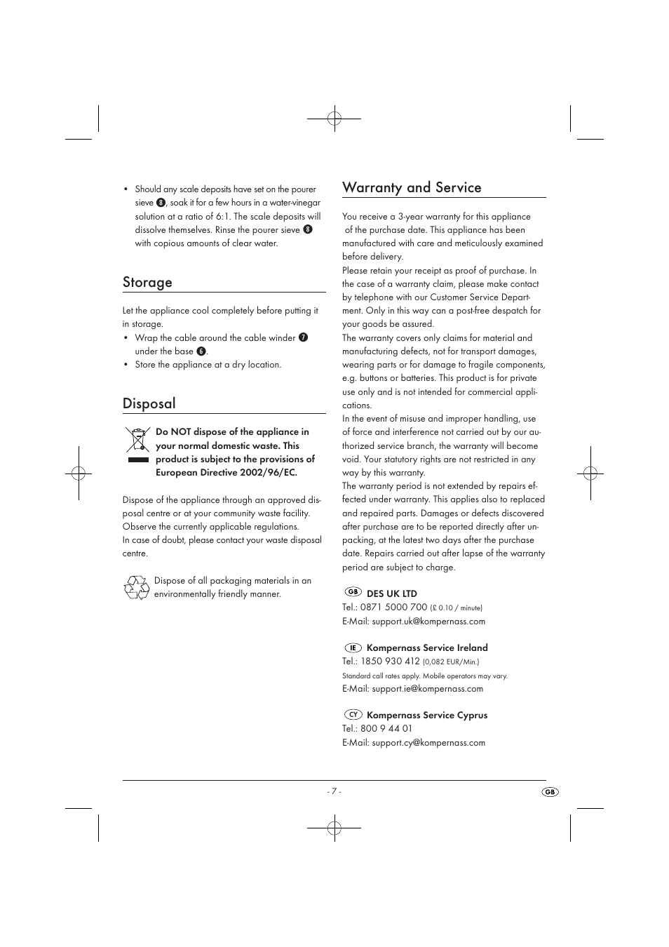 Storage, Disposal, Warranty and service | Silvercrest SWKD 3000 A16 User Manual | Page 9 / 10