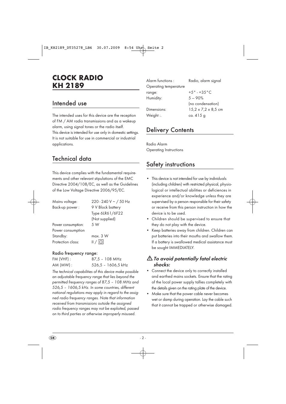 Clock radio kh 2189, Intended use, Technical data | Delivery contents, Safety instructions | Silvercrest KH 2189 User Manual | Page 4 / 10