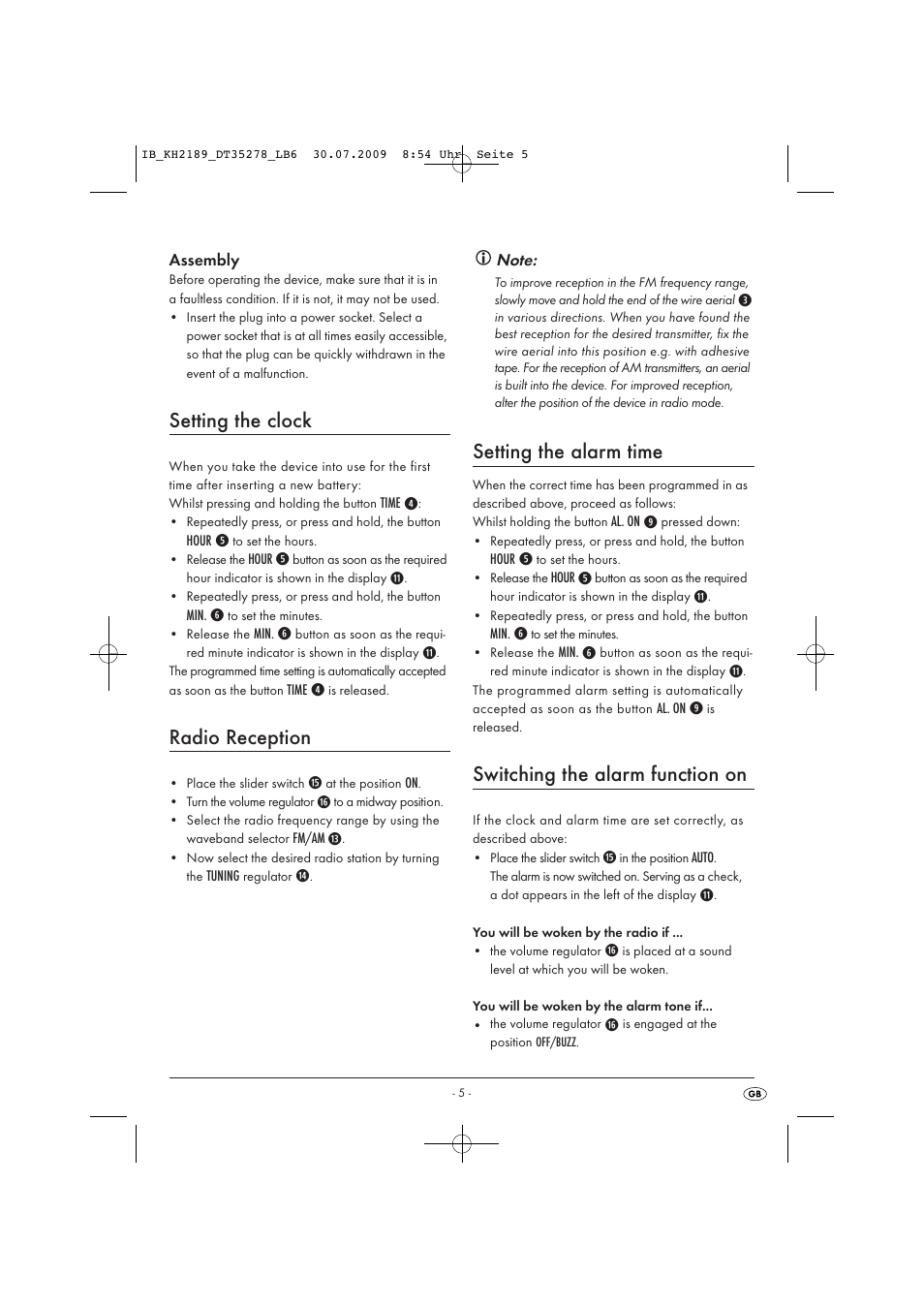 Setting the clock, Radio reception, Setting the alarm time | Switching the alarm function on | Silvercrest KH 2189 User Manual | Page 7 / 10