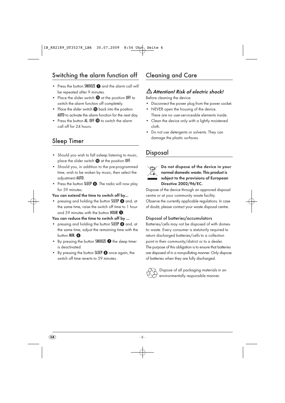 Switching the alarm function off, Sleep timer, Cleaning and care | Disposal | Silvercrest KH 2189 User Manual | Page 8 / 10