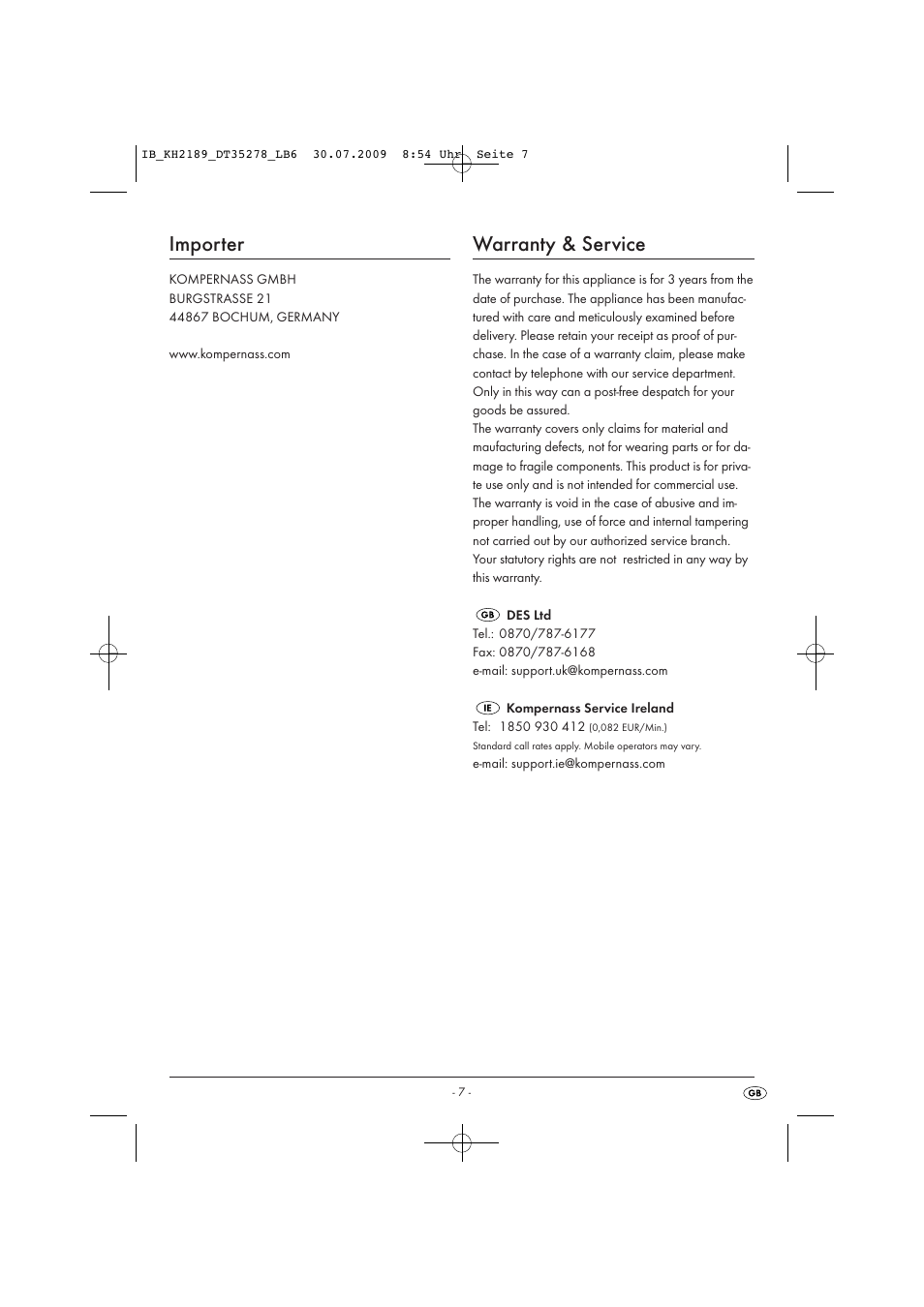 Importer, Warranty & service | Silvercrest KH 2189 User Manual | Page 9 / 10