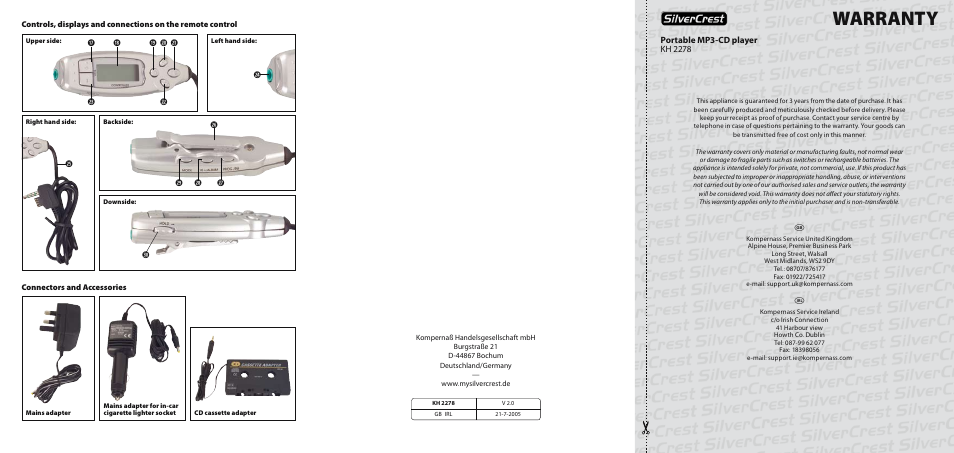 Warranty | Silvercrest KH 2278 User Manual | Page 2 / 30