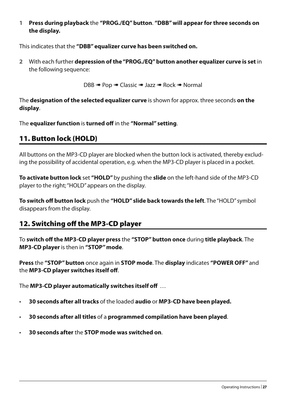 Button lock (hold), Switching off the mp3-cd player | Silvercrest KH 2278 User Manual | Page 25 / 30
