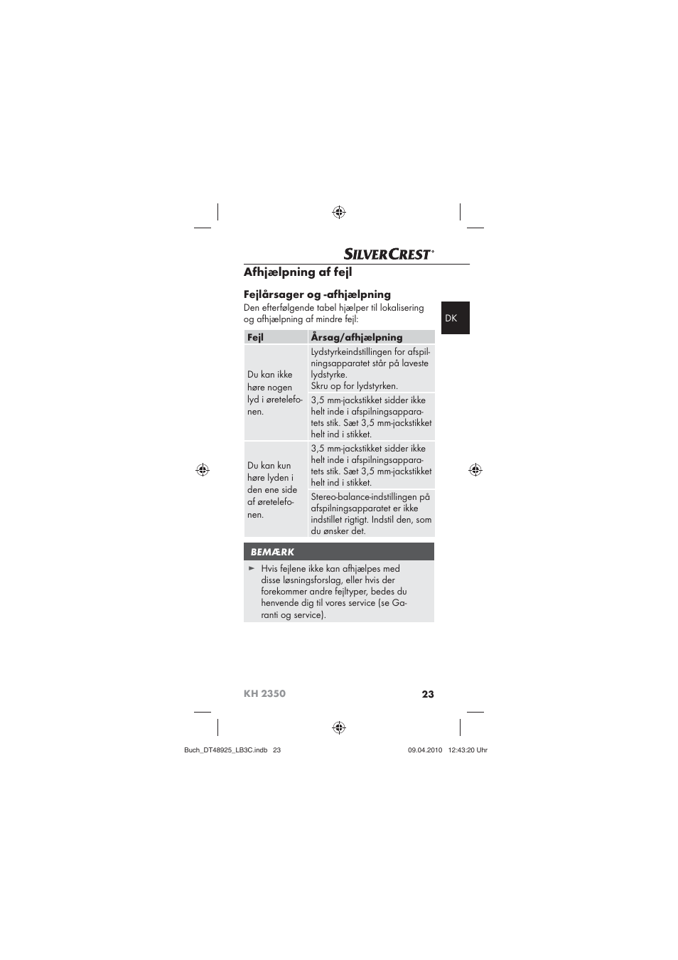 Afhjælpning af fejl | Silvercrest KOMPERNASS GMBH KH 2350 User Manual | Page 25 / 30