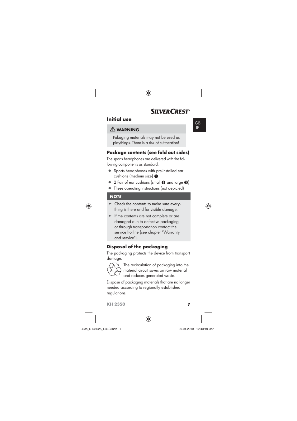 Initial use | Silvercrest KOMPERNASS GMBH KH 2350 User Manual | Page 9 / 30
