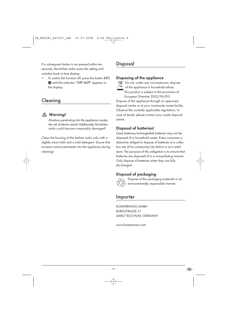 Cleaning, Disposal, Importer | Silvercrest KH 2281 User Manual | Page 11 / 14