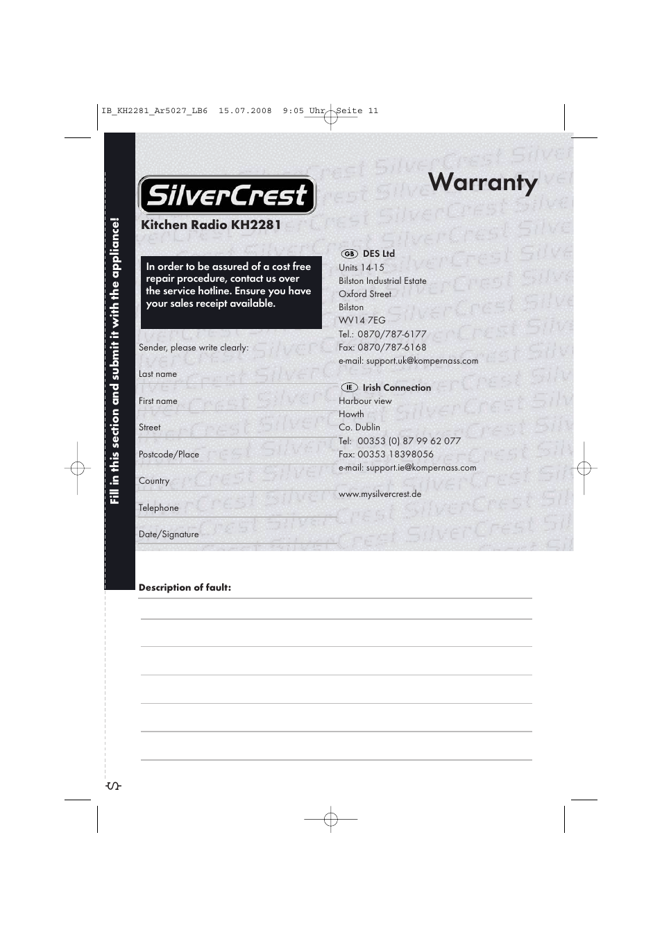 Warranty | Silvercrest KH 2281 User Manual | Page 13 / 14