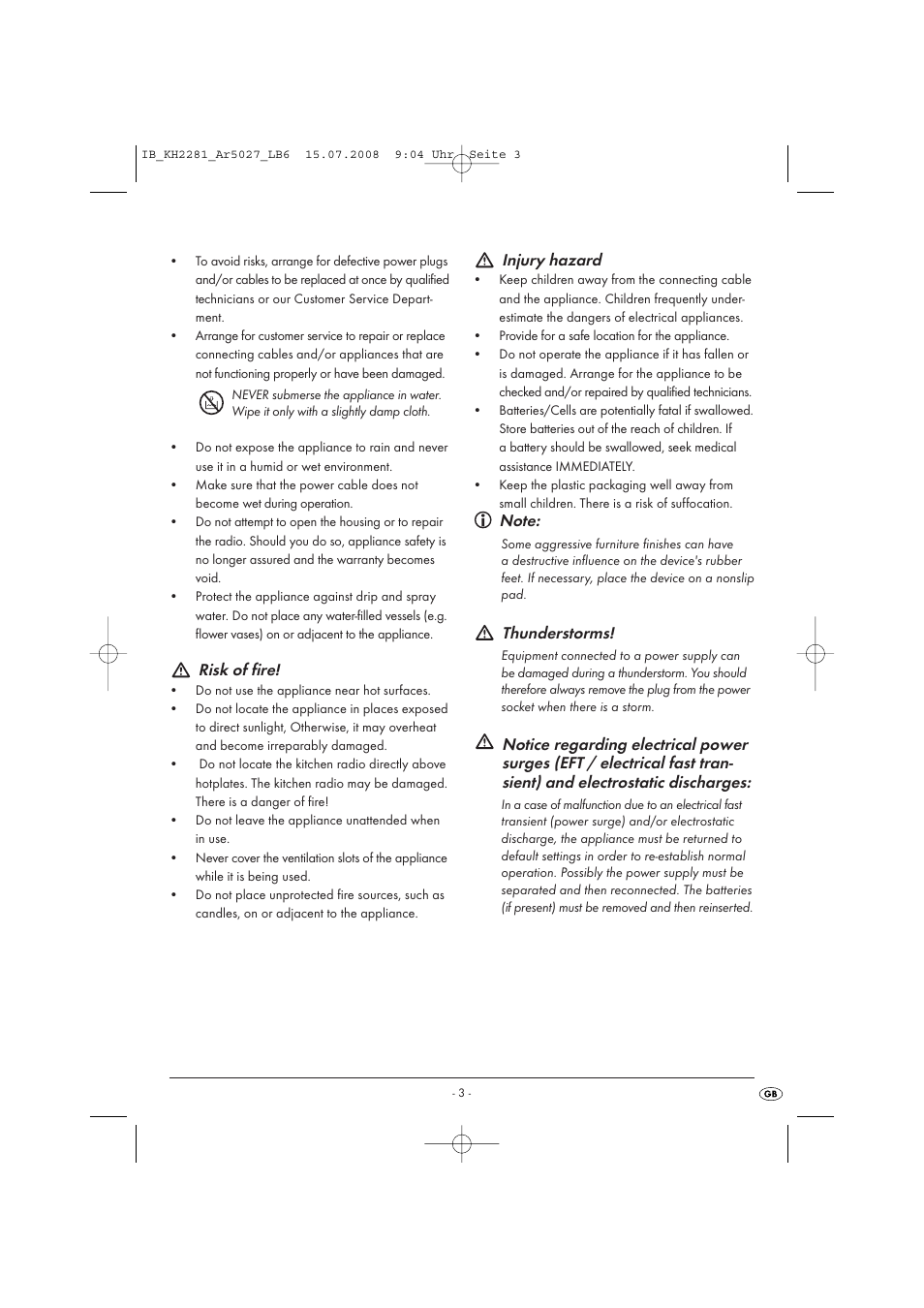 Risk of fire, Injury hazard, Thunderstorms | Silvercrest KH 2281 User Manual | Page 5 / 14